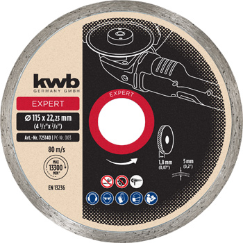 Professional Diamond Cutting Disc with Continuous Rim for Tiles, Ø 115 x 1.2 mm