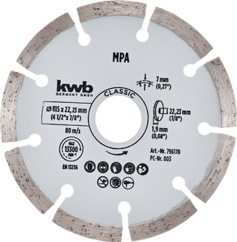 Diamond Cutting Disc with Segmented Rim for Dry Cutting, Ø 115 x 1.2 mm