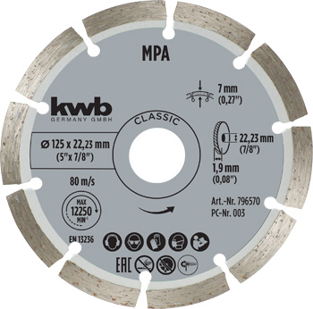 Classic Diamond Cutting Disc with Segmented Rim for Dry Cutting, Ø 125 x 1.2 mm