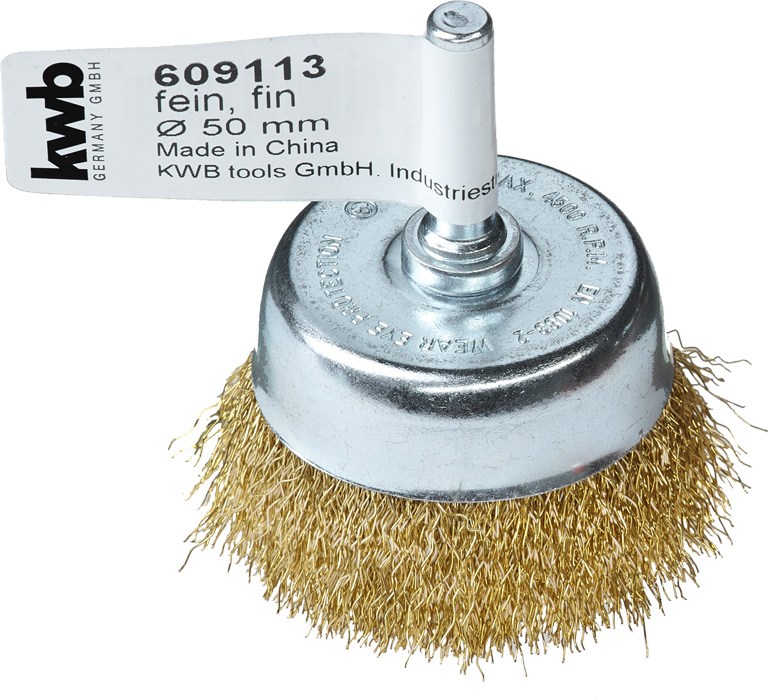 Value Collection Cup Brush: 2-3/4 Dia, 0.008 Wire Dia, Brass, Crimped - 7/8 Trim Length, 8,500 Max RPM | Part #3107006320